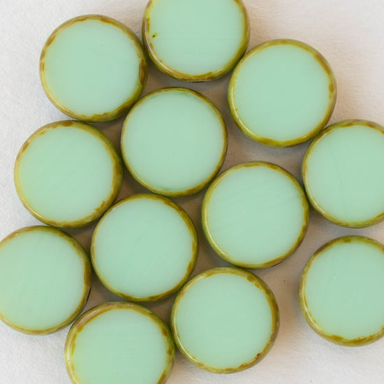 12mm Coin Beads - Opaque Lt. Green with Picasso - 10 beads