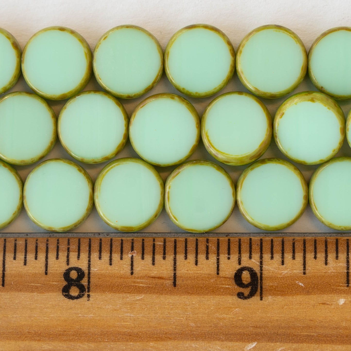 12mm Coin Beads - Opaque Lt. Green with Picasso - 10 beads