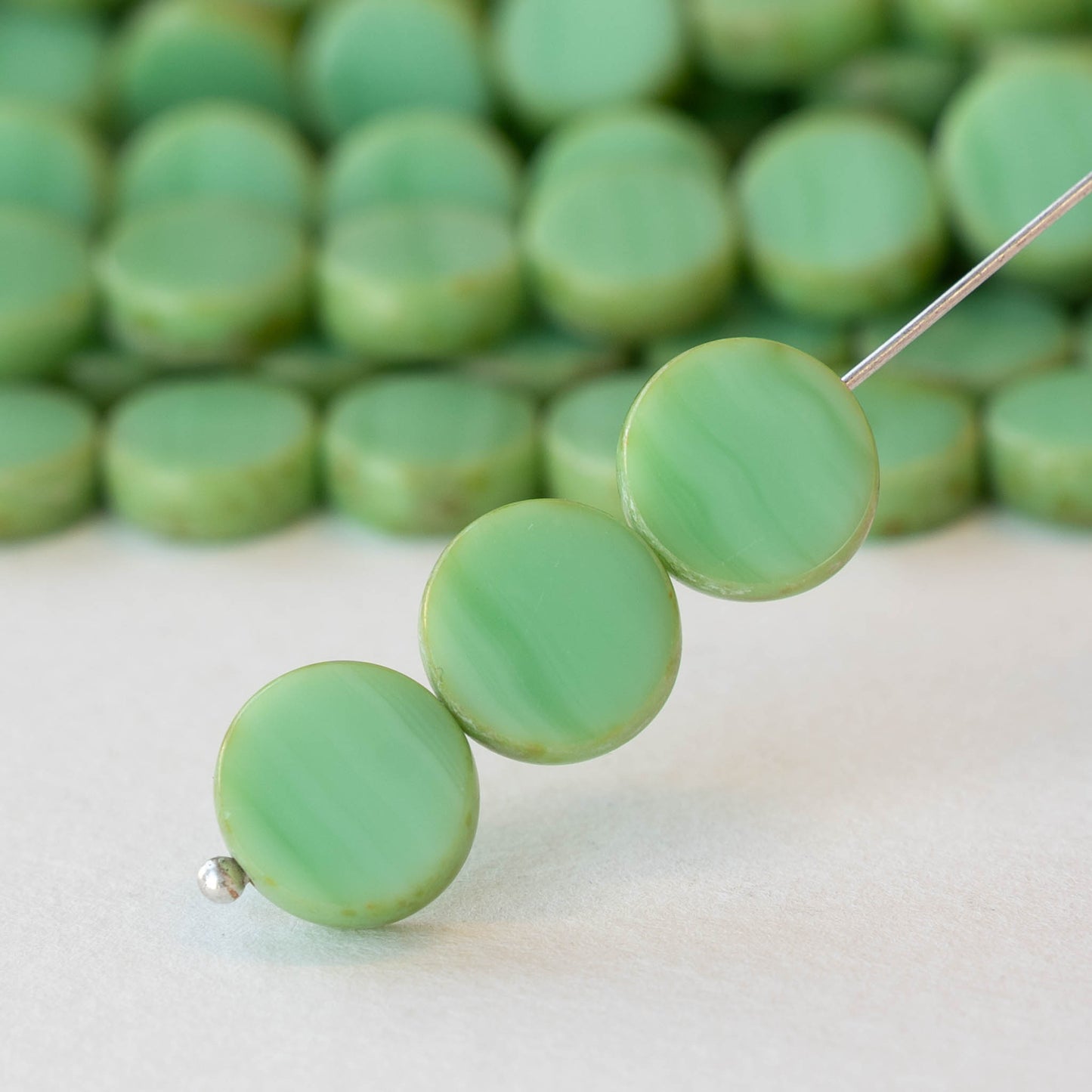 11mm Glass Coin Beads - Opaque Seafoam - 12 beads