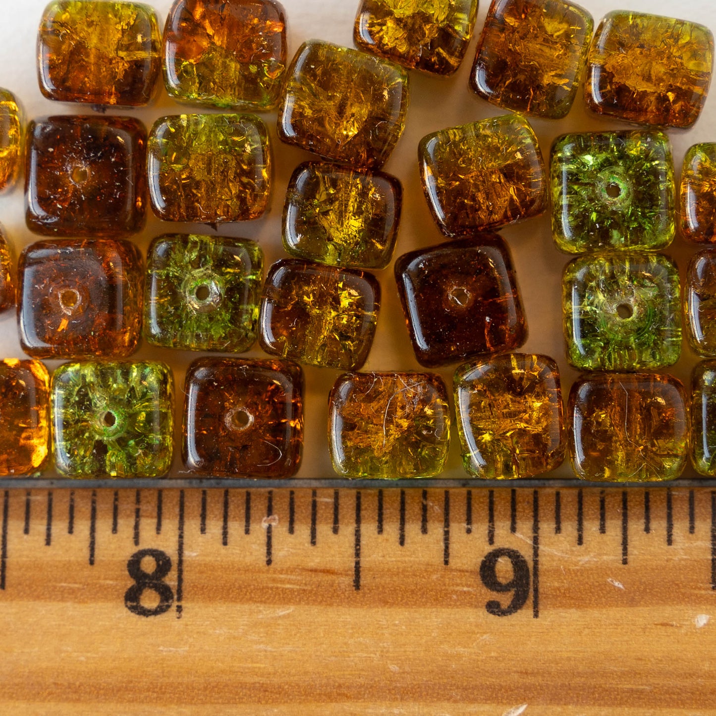 9x11mm Glass Cube Beads Amber Peridot - 30