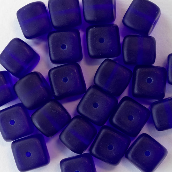 11mm Frosted Glass Cube Beads - Cobalt Blue
