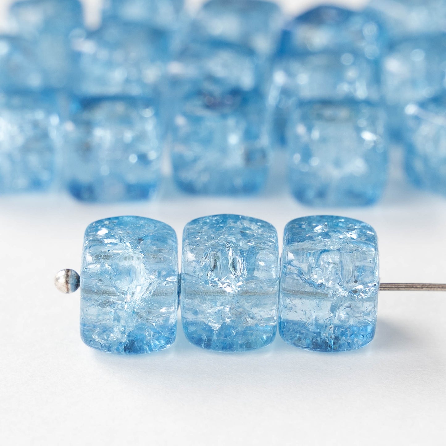 9x11mm Glass Cube Beads - Blue Crackle - 10 or 20 Beads