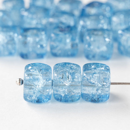 9x11mm Glass Cube Beads - Blue Crackle - 10 or 20 Beads
