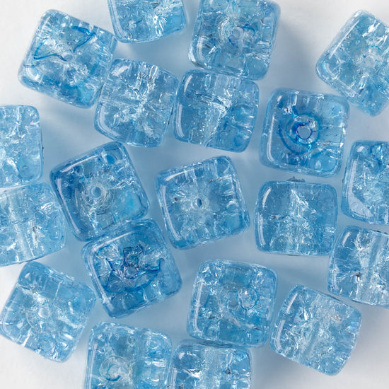 9x11mm Glass Cube Beads - Blue Crackle - 10 or 20 Beads