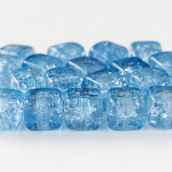 9x11mm Glass Cube Beads - Blue Crackle - 10 or 20 Beads