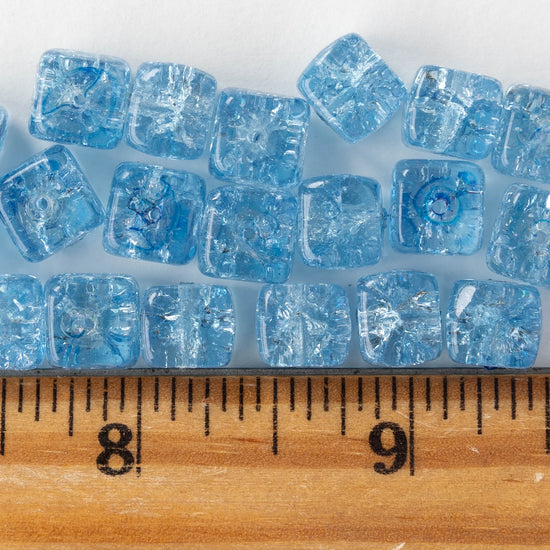 9x11mm Glass Cube Beads - Blue Crackle - 10 or 20 Beads