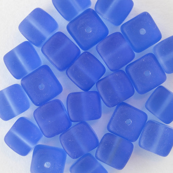 9x11mm Frosted Glass Cube Beads - Sapphire - 12 or 24