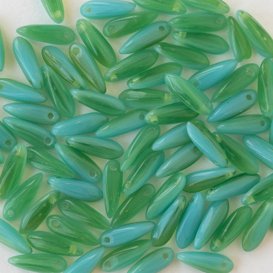 11mm Dagger Beads - Green Blue Mixed Glass - 120 beads