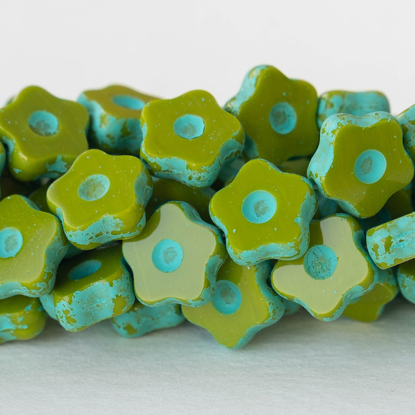 11mm Glass Flower Bead - Opaque Olive with Turquoise Wash - 10 Beads