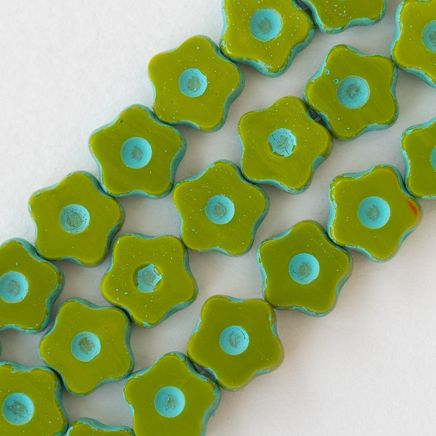 11mm Glass Flower Bead - Opaque Olive with Turquoise Wash - 10 Beads