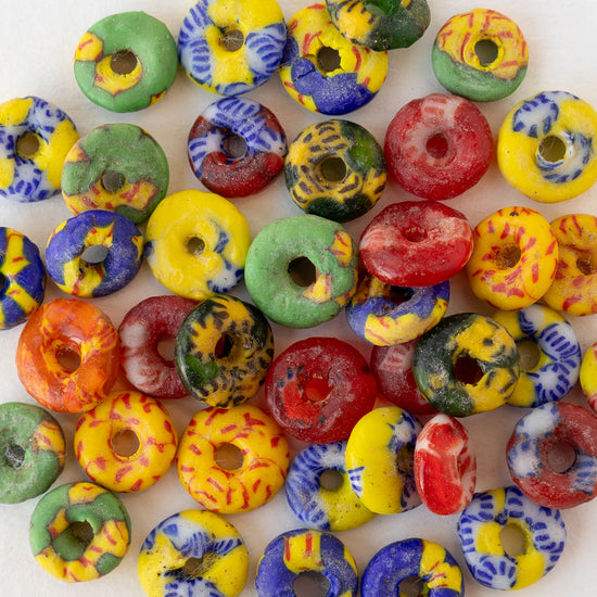 10mm Krobo Donut Beads From Ghana Africa  - Multi colored