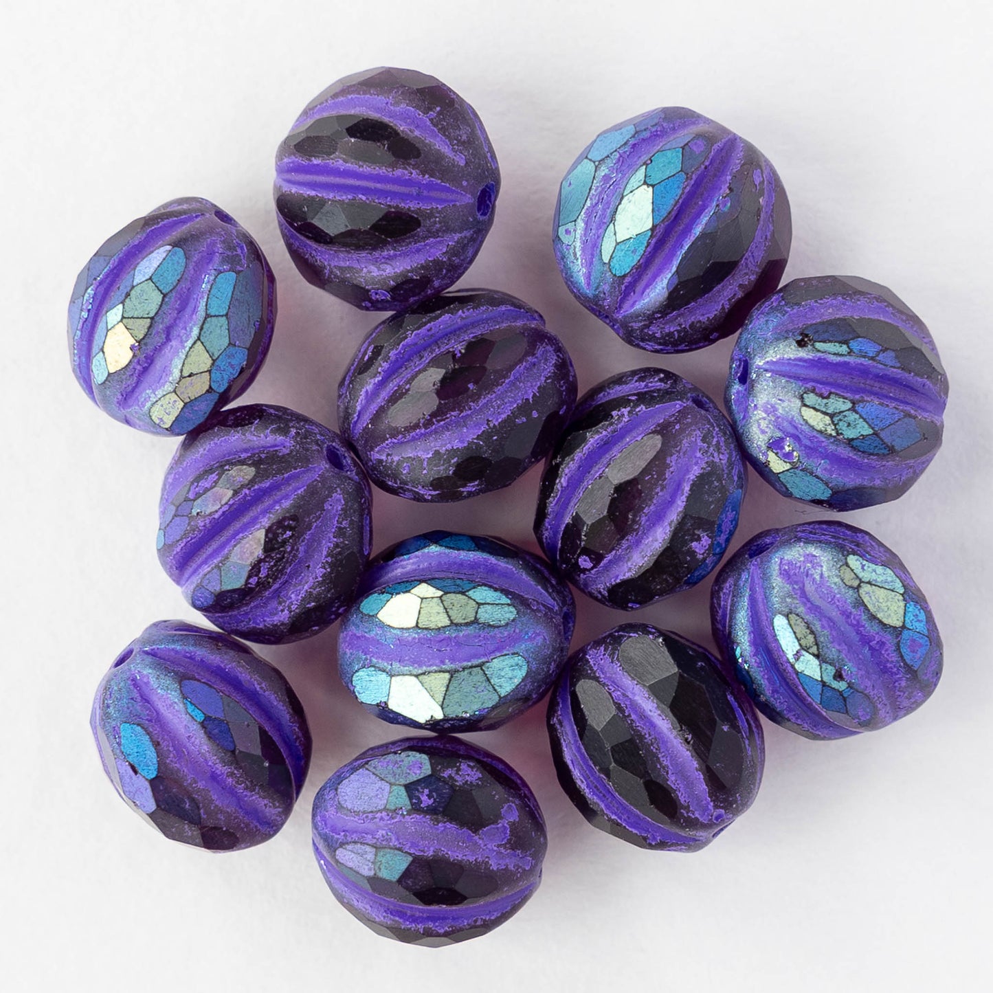 10mm Faceted Round Melon Beads -  Dark Purple AB with Purple Wash - 6 or 12 beads