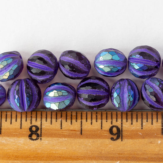 10mm Faceted Round Melon Beads -  Dark Purple AB with Purple Wash - 6 or 12 beads