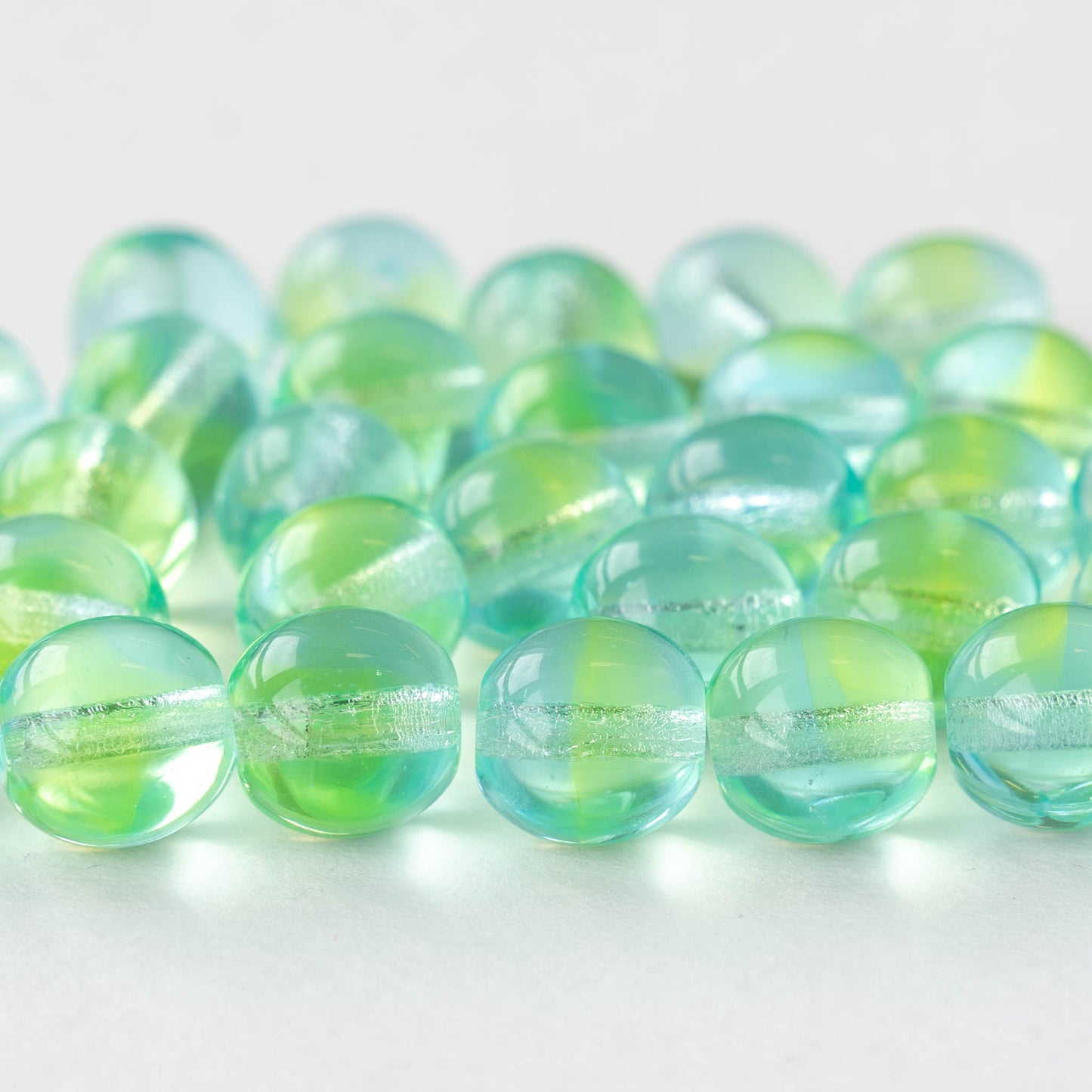 Load image into Gallery viewer, 10mm Round Glass Beads - Lt Blue Green Mix - 10 Beads
