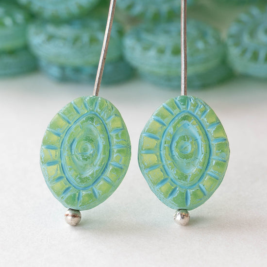 11x14mm Eye Beads - Green with Aqua Wash - 4 or 8 Beads