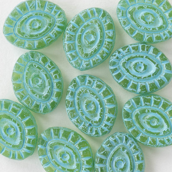 11x14mm Eye Beads - Green with Aqua Wash - 4 or 8 Beads