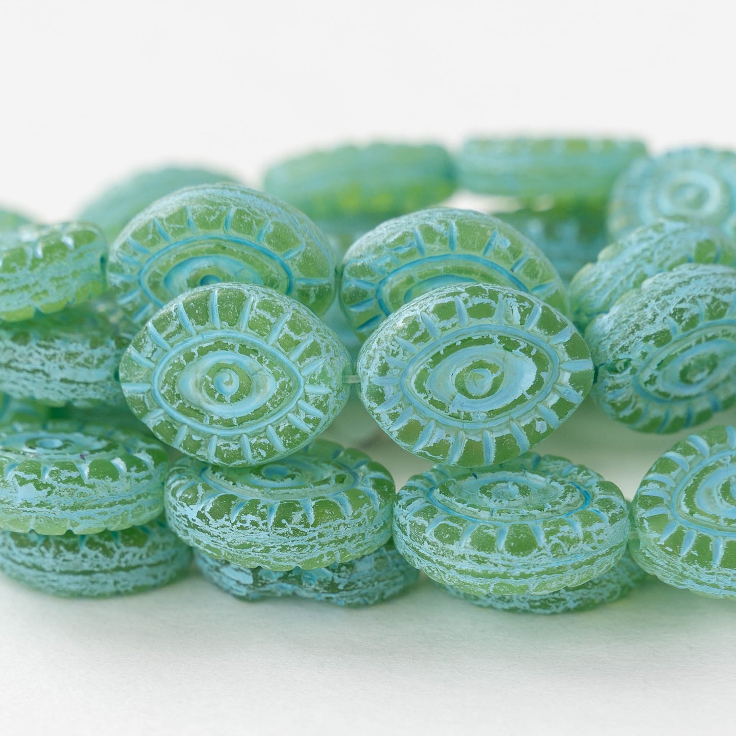 11x14mm Eye Beads - Green with Aqua Wash - 4 or 8 Beads