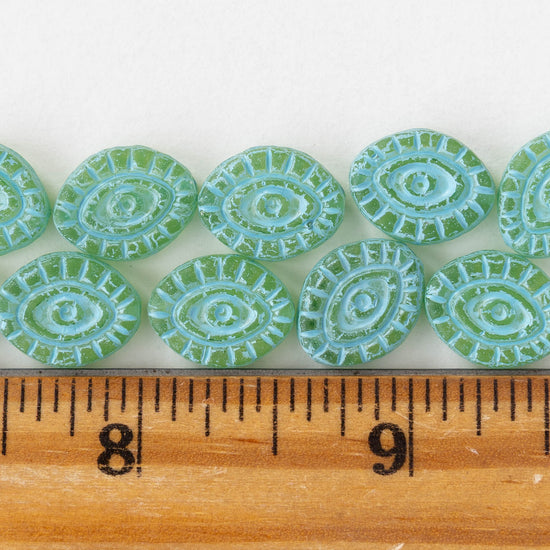 11x14mm Eye Beads - Green with Aqua Wash - 4 or 8 Beads