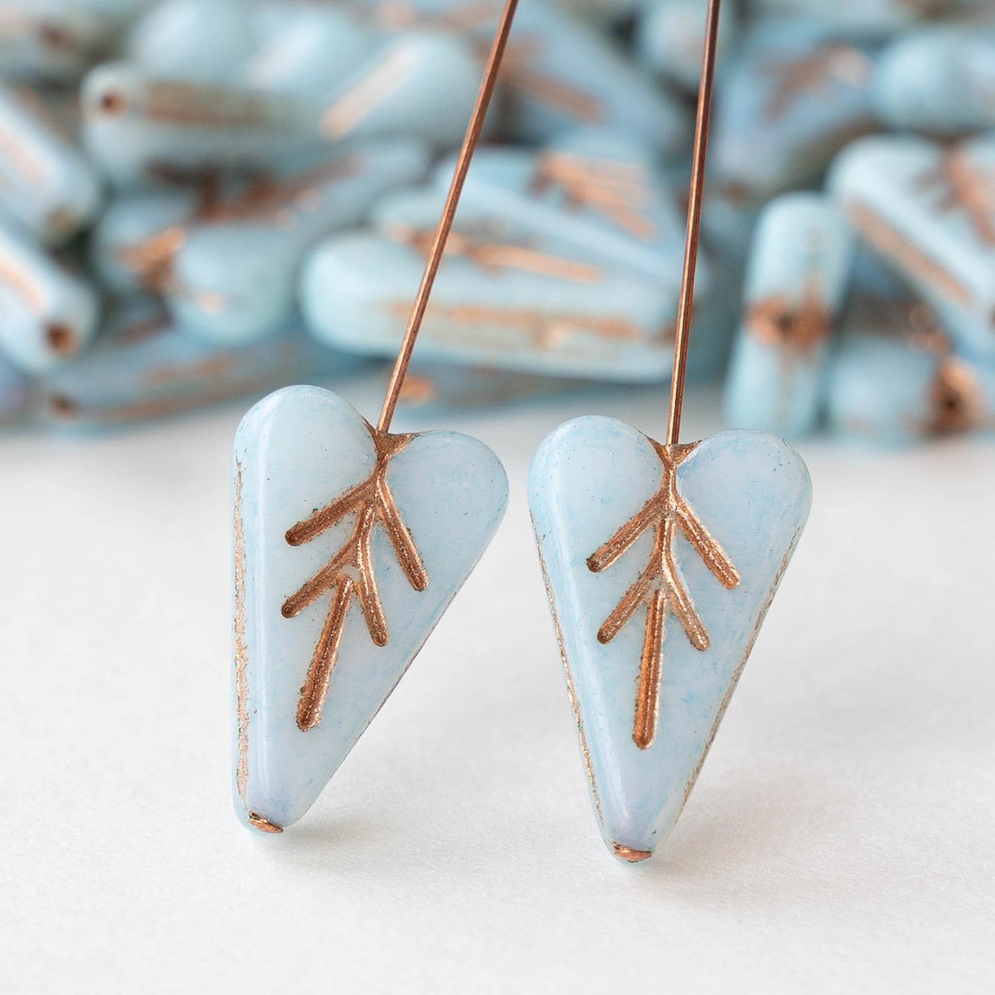 11x16mm Glass Heart Bead - Light Blue with Copper Wash - 10 or 20 beads