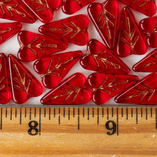 11x16mm Glass Heart Bead - Red with Copper Wash - 10 or 20 beads