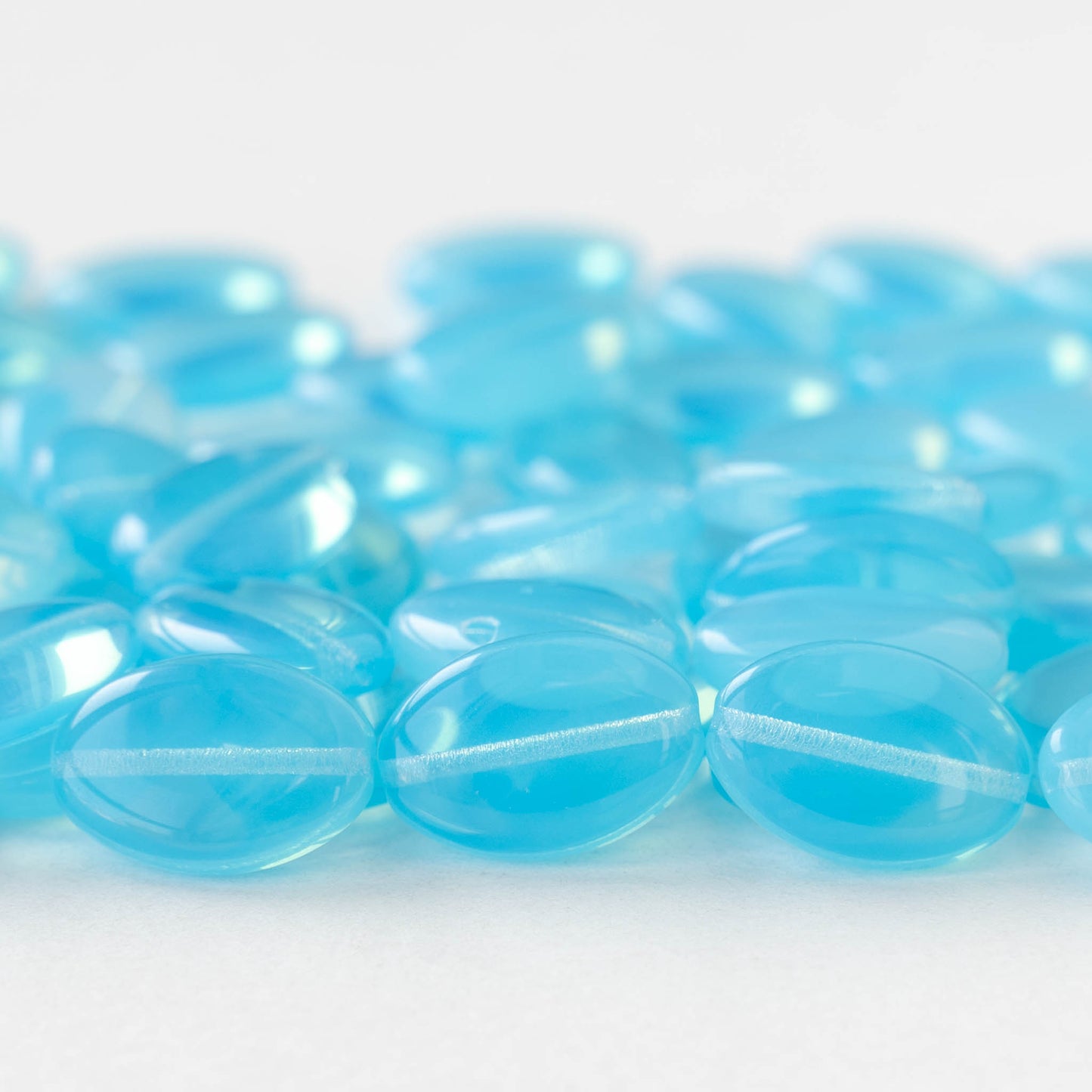 11x16mm Glass Oval Coin Beads - Opaline Aqua - 10 or 30 beads