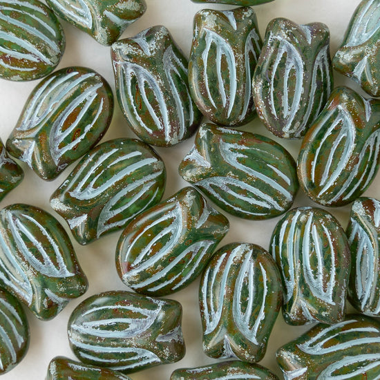 16mm Glass Tulip Flower Beads - Transparent Green with Blue Wash - 10 Beads