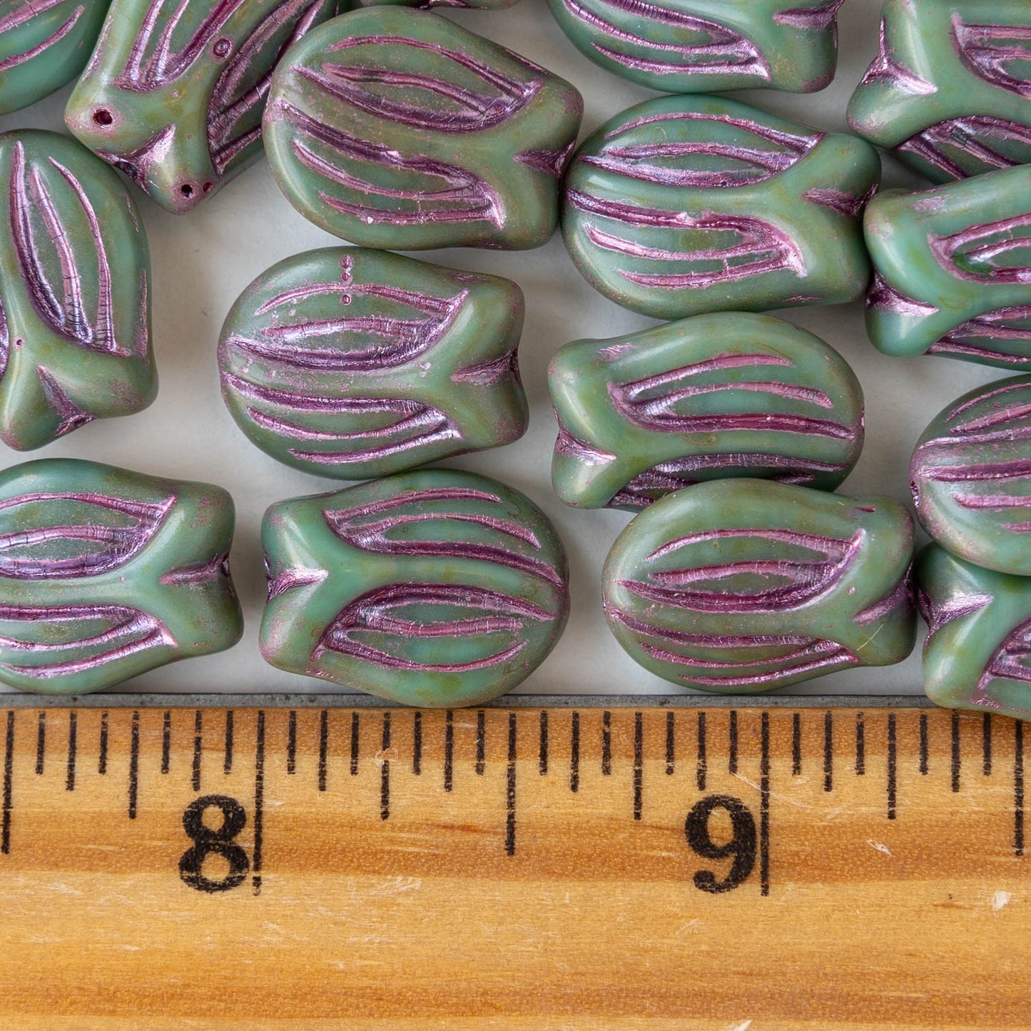 16mm Glass Tulip Flower Beads - Green Turquoise with Pink Wash - 6 Beads