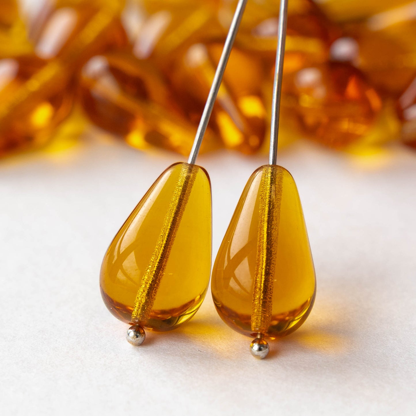 11x18mm Long Drilled Drops - Light Amber - 30 Beads