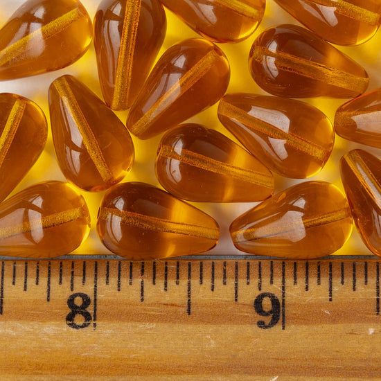 11x18mm Long Drilled Drops - Light Amber - 30 Beads