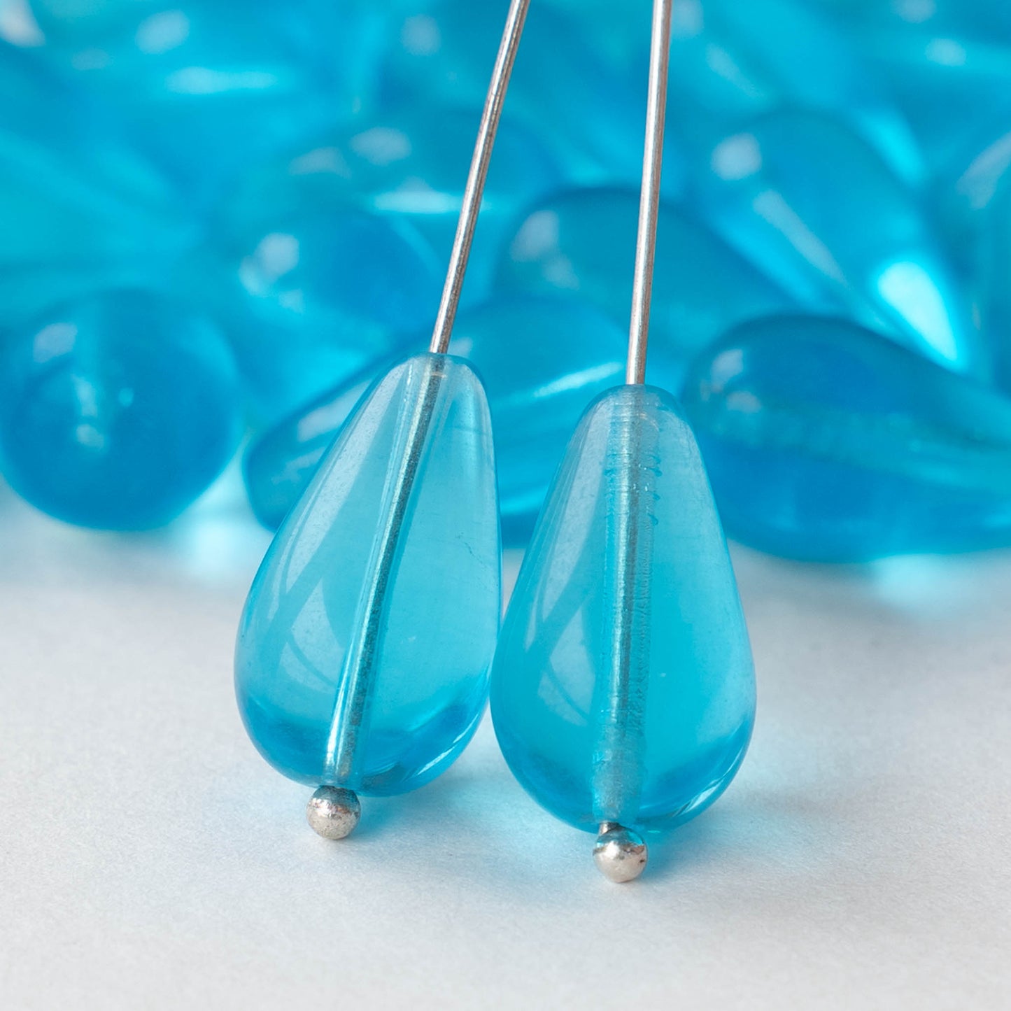 11x18mm Long Drilled Drops - Aqua Blue - 20 Beads