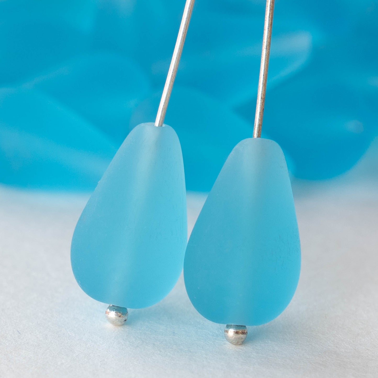 11x18mm Long Drilled Drops - Frosted Aqua Blue - 20 Beads