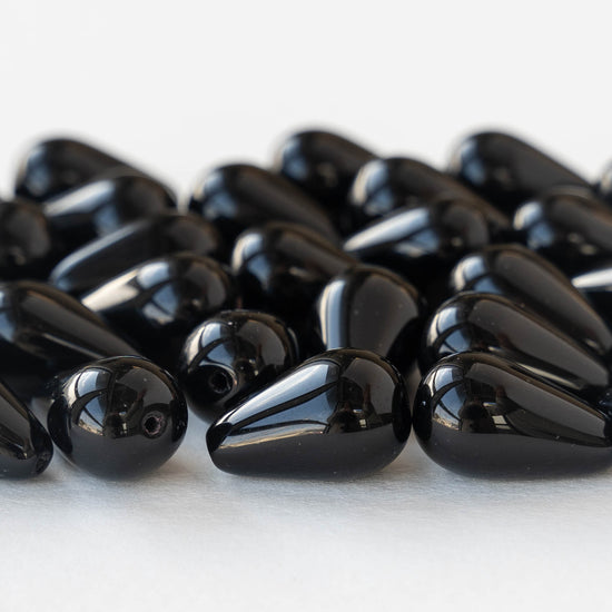11x18mm Glass Teardrop Beads - Opaque Black - 20 Beads