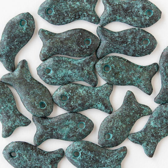 11x20mm Mykonos Metal Fish Pendant - Green Patina - 2 or 6 pendants