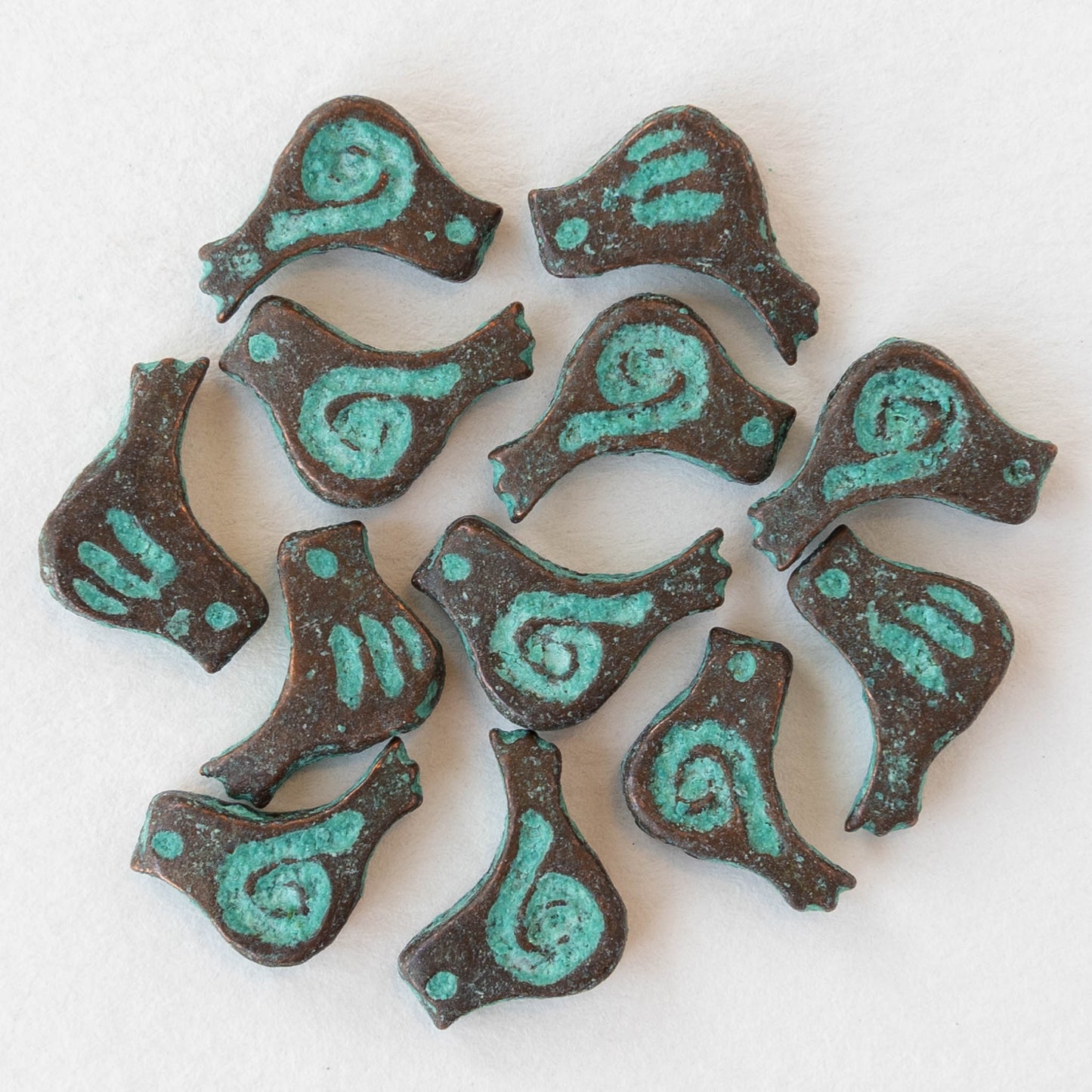 12mm Little Birdie Bead - Green Patina - 4 Birds