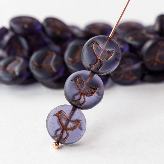 12mm Bird Coin Bead - Matte Purple with Copper Wash - Choose Amount