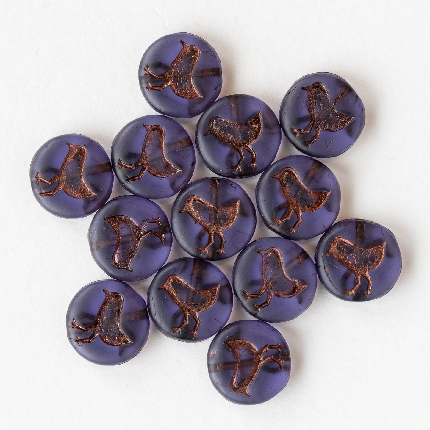 12mm Bird Coin Bead - Matte Purple with Copper Wash - Choose Amount