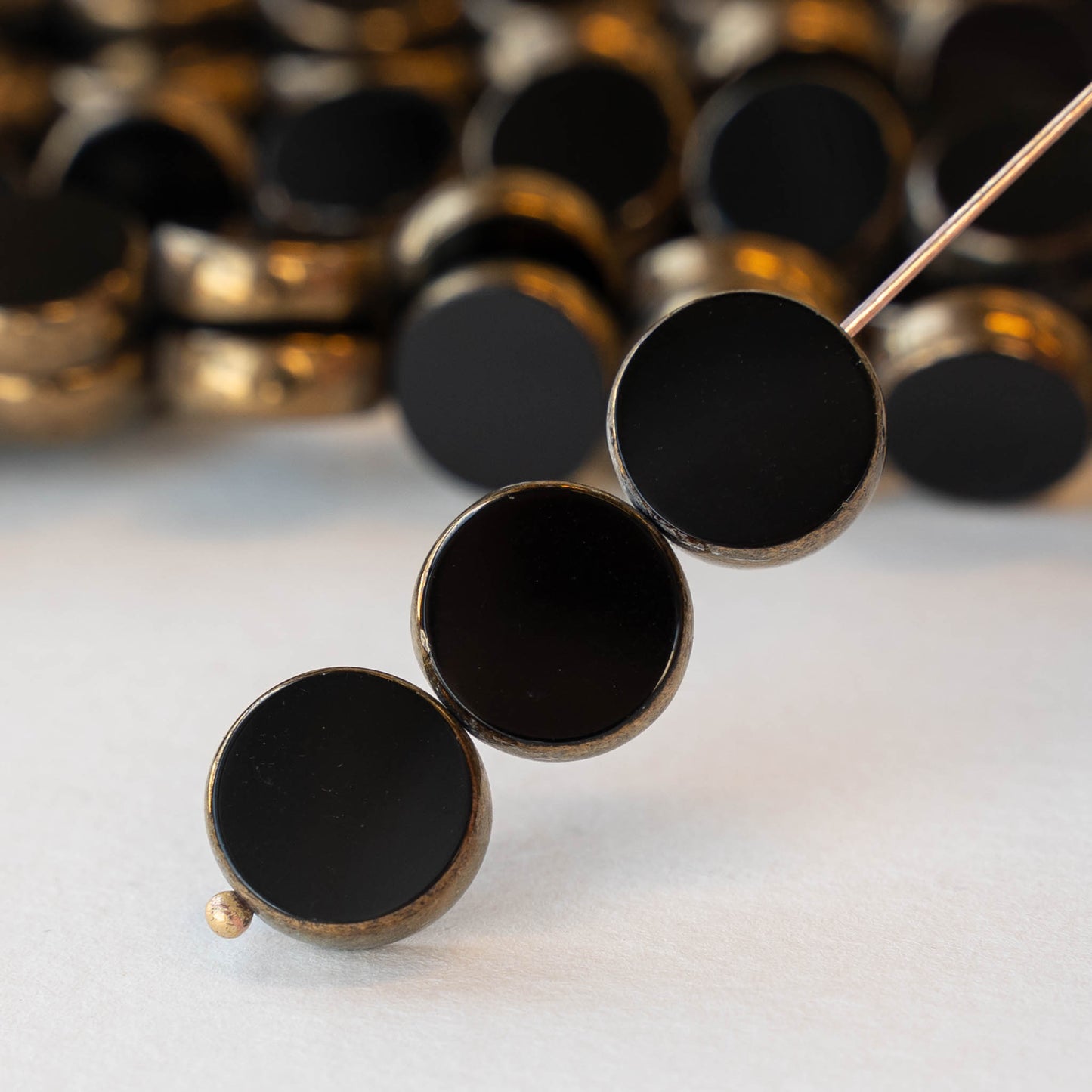 12mm Coin Beads - Opaque Black with Bronze - 10 beads