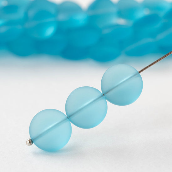 12mm Frosted Glass Coins - Aqua - 8 beads