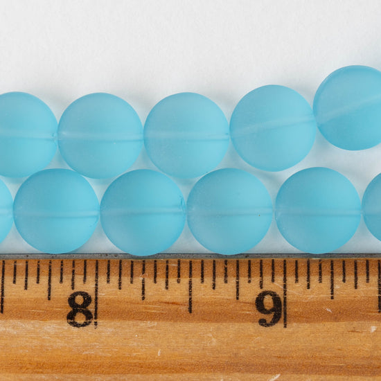 12mm Frosted Glass Coins - Aqua - 8 beads