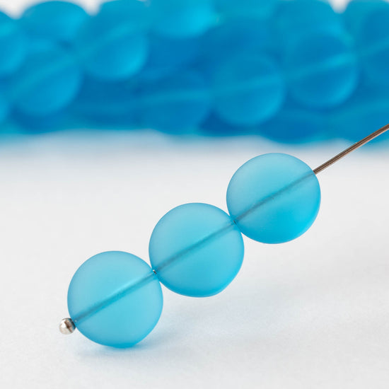 12mm Frosted Glass Coins - Deep Aqua - 8 beads