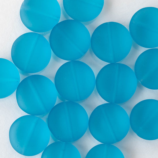 12mm Frosted Glass Coins - Deep Aqua - 8 beads