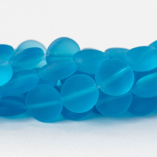 12mm Frosted Glass Coins - Deep Aqua - 8 beads