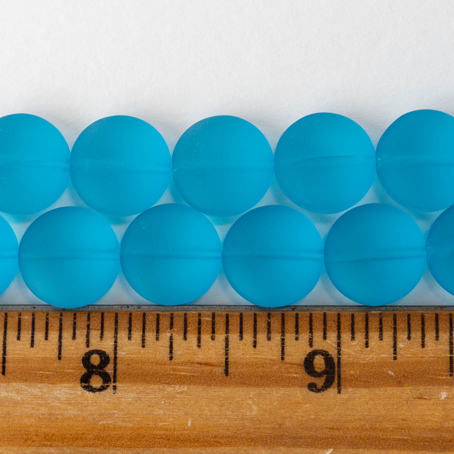 12mm Frosted Glass Coins - Deep Aqua - 8 beads