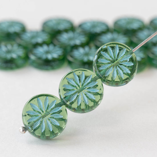 12mm Sun Coin Beads - Transparent Seafoam with Blue Wash - 6 Beads