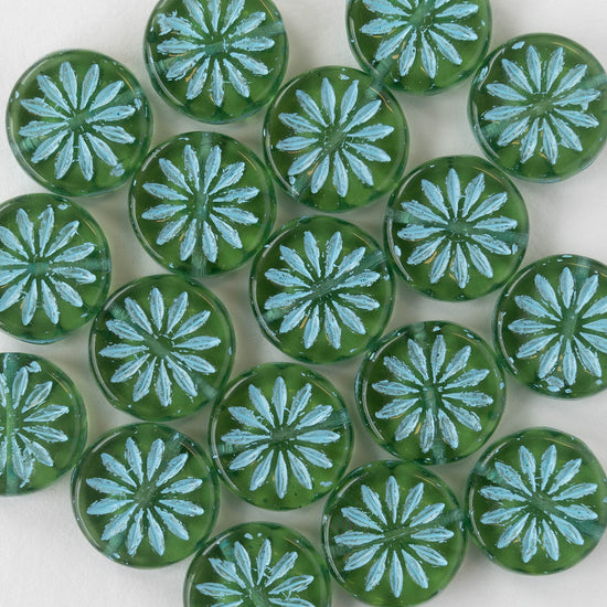 12mm Sun Coin Beads - Transparent Seafoam with Blue Wash - 6 Beads