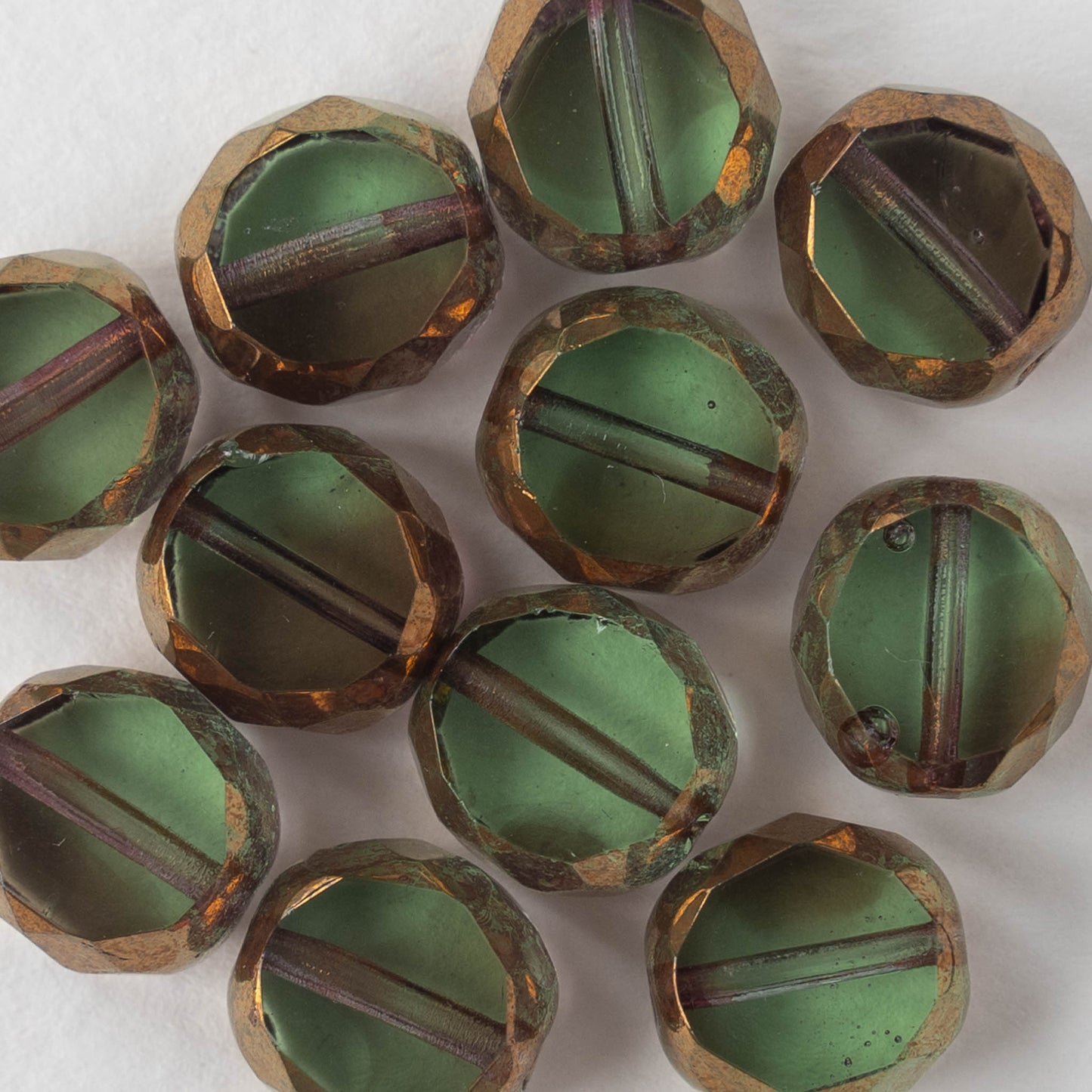 Chunky Faceted Round Coin Beads  - Peridot with Bronze - 6 beads
