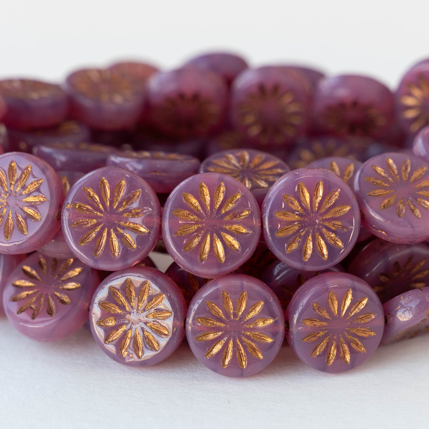 12mm Sun Coin Beads - Pink Opaline Glass with Gold Wash - 6 Beads