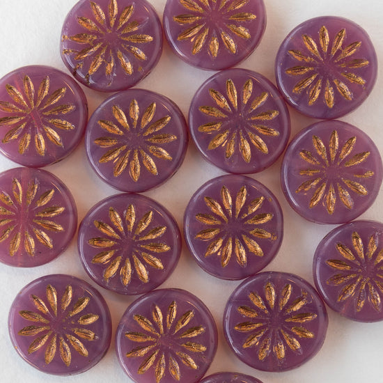 12mm Sun Coin Beads - Pink Opaline Glass with Gold Wash - 6 Beads