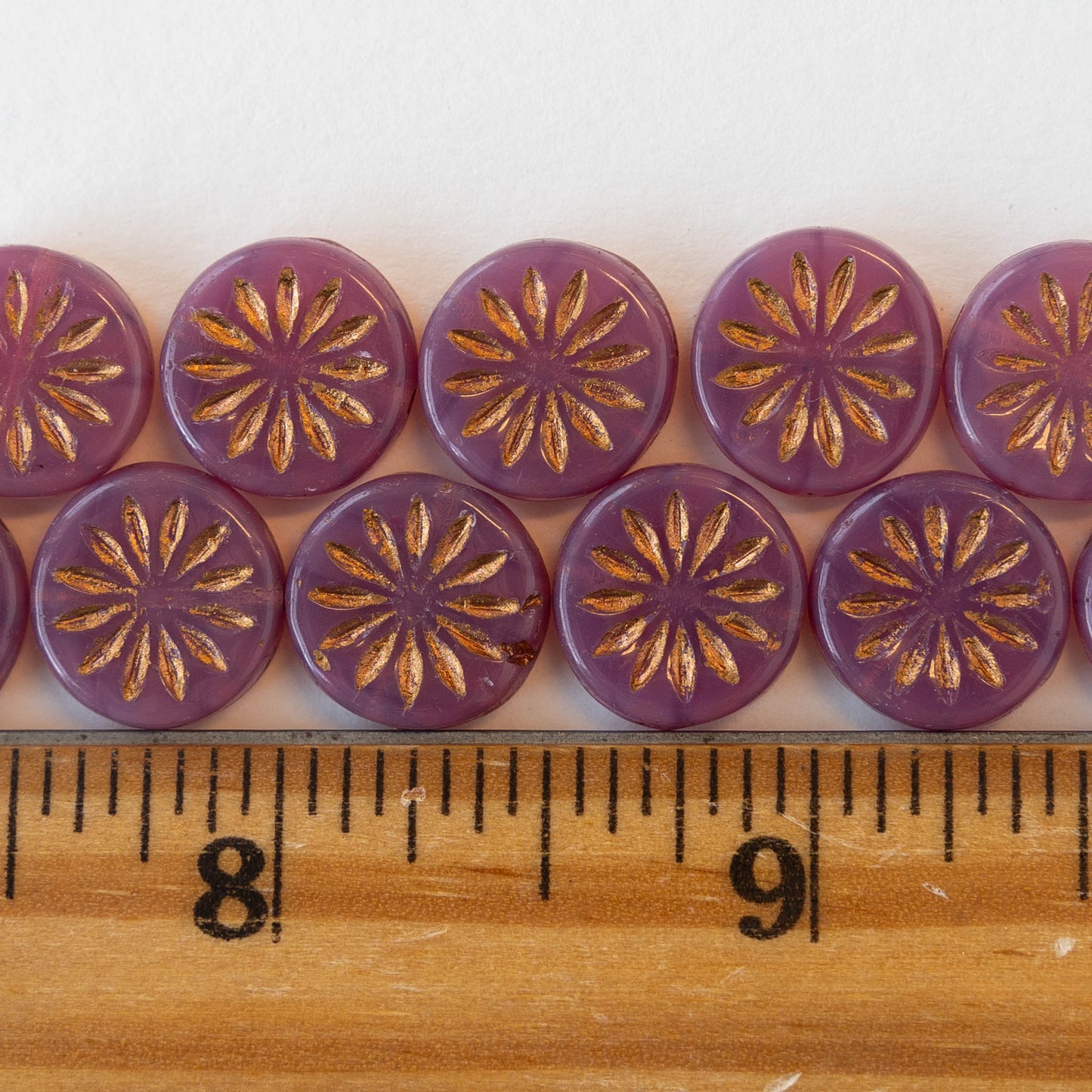 12mm Sun Coin Beads - Pink Opaline Glass with Gold Wash - 6 Beads