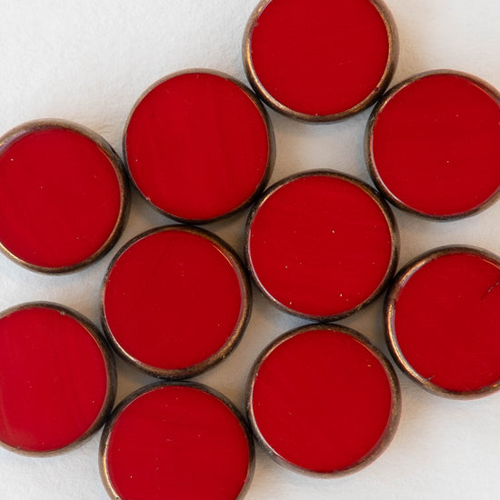 12mm Coin Beads - Opaque Red with Bronze - 10 beads